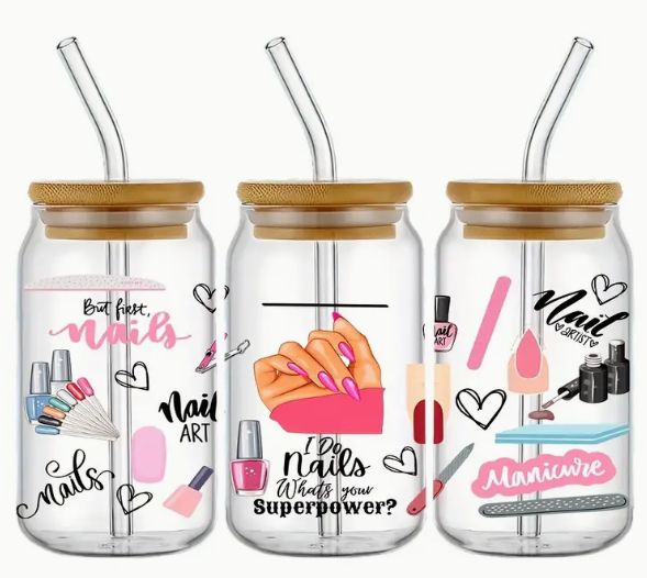 I Do Nails What's Your Superpower (UV DTF)-Glass Cup With Bamboo Lid, 16oz