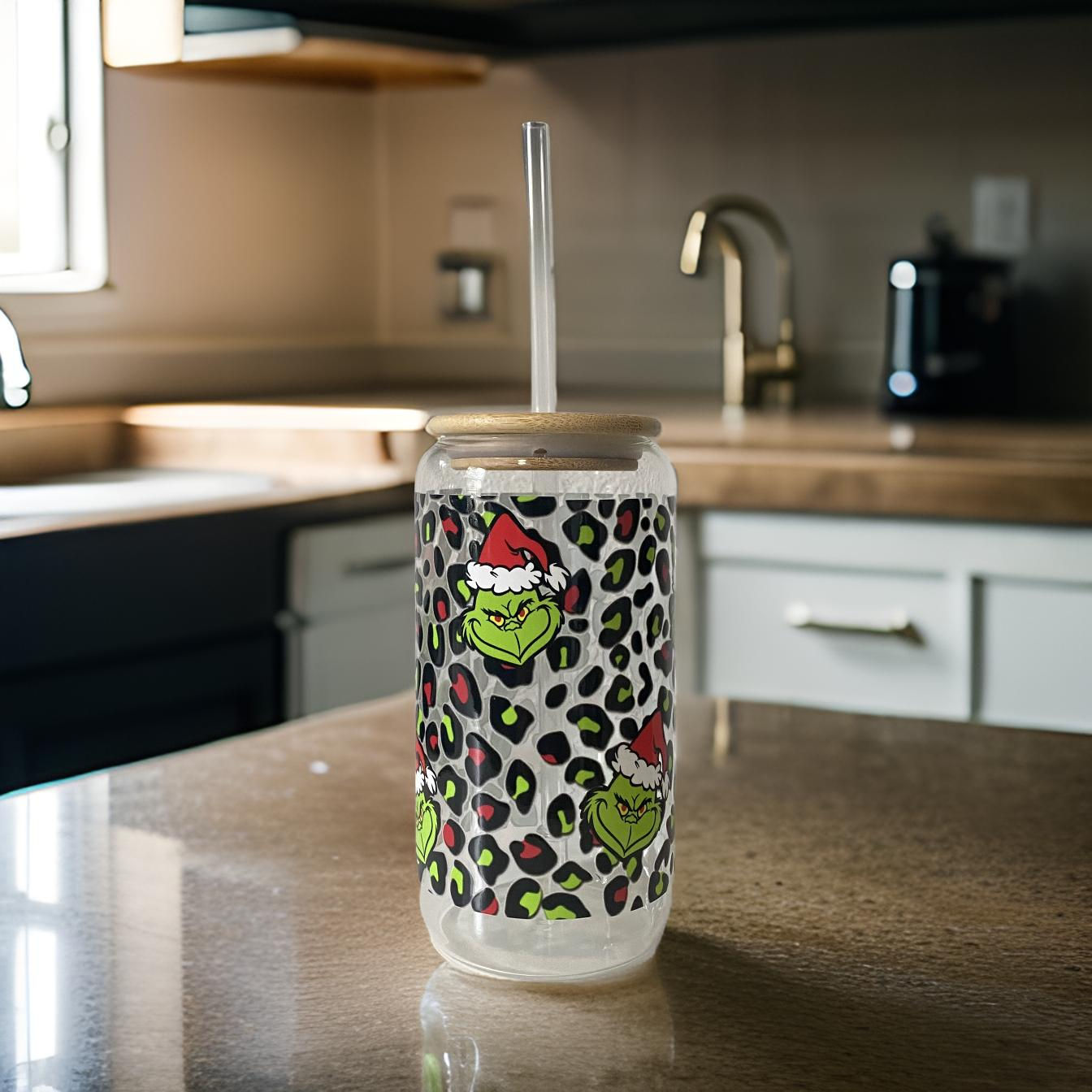 Leopard Print Grinchmas (UV DTF)-Cup With Bamboo Lid, 16 oz