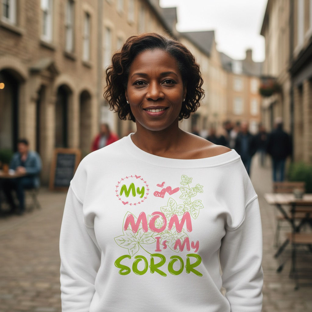 My Mom Is My Soror Off‑Shoulder Sweatshirt – Slouchy Pink & Green Sorority Style