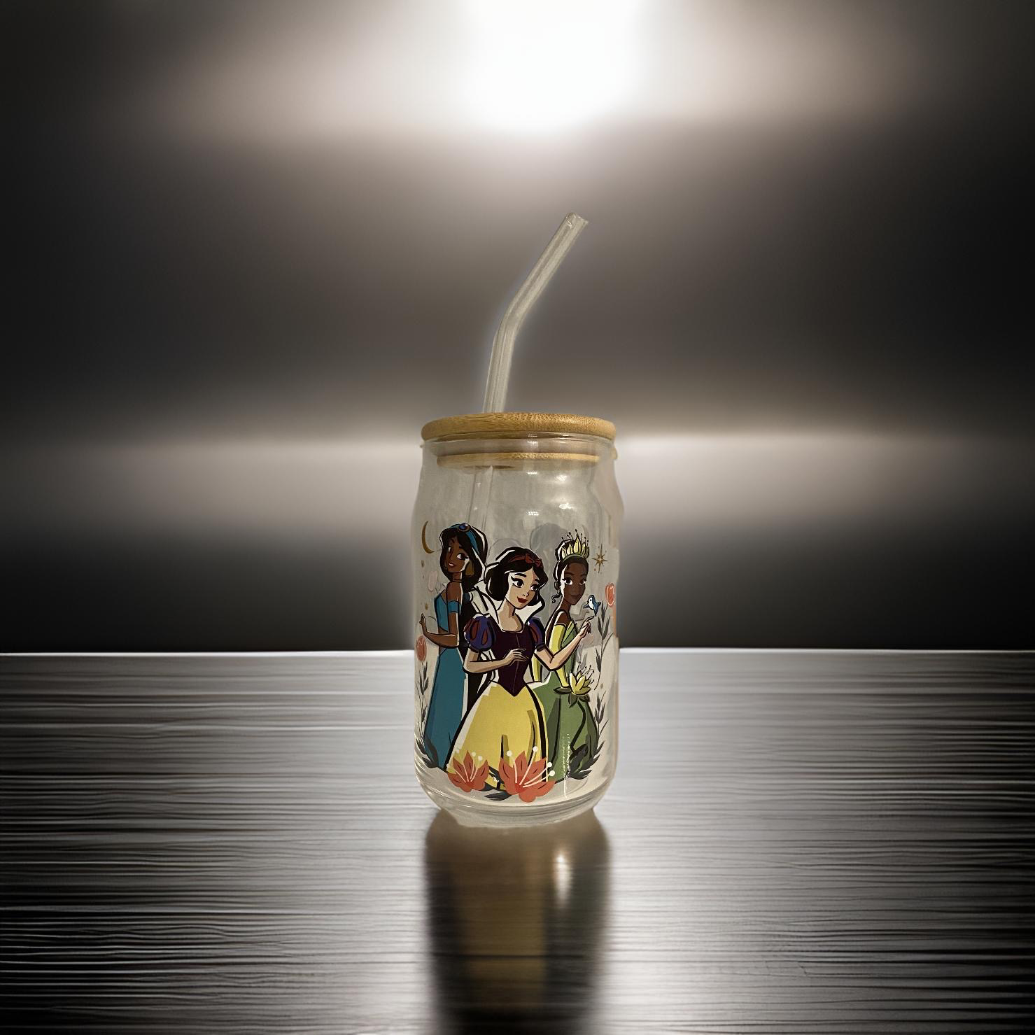Princesses Snow White, Tiana & Jasmine UV DTF Glass Cup w/ Bamboo Lid-16 oz