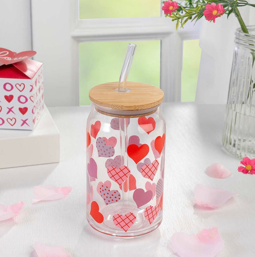 Happy Valentine's Day Big Heart Printed Mason Jar Tumbler with Lid & Straw