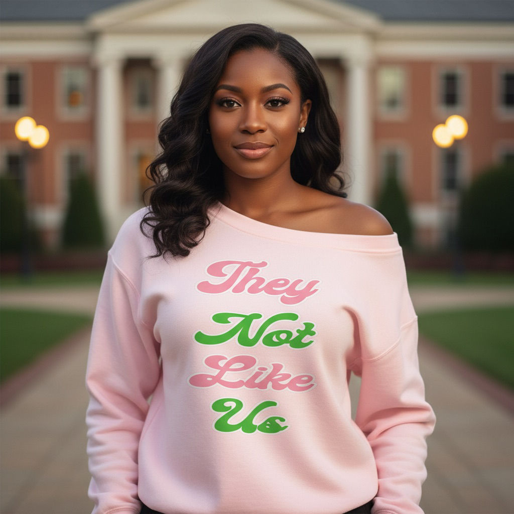 They Not Like Us Off‑Shoulder Sweatshirt – Slouchy Pink & Green Sorority Style