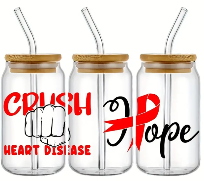 Crush Heart Disease Hope UV DTF)-Glass Cup With Bamboo Lid, 16oz