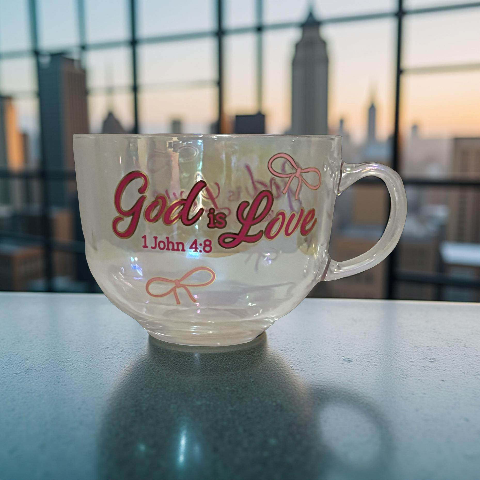God Is Love – 1 John 4:8 Scripture 10oz Clear Glass Mug | UV DTF Christian