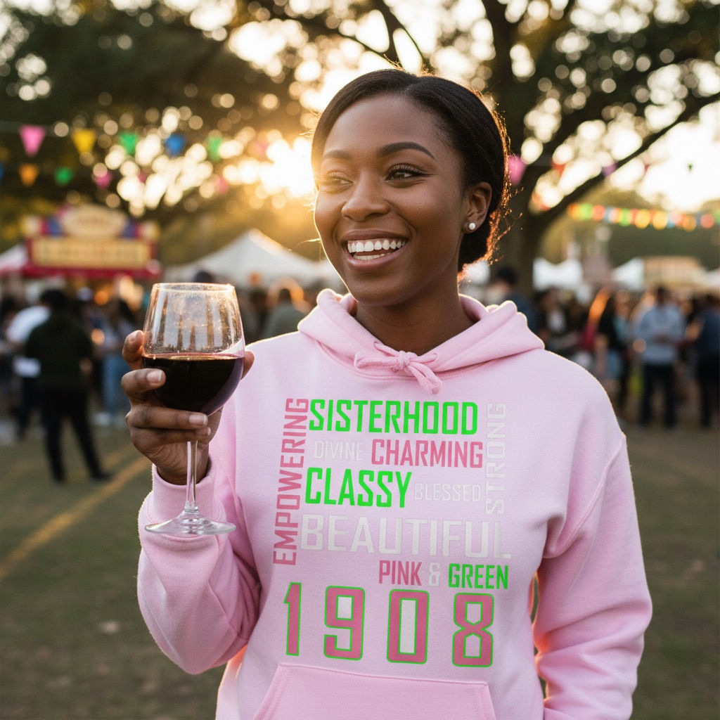 Empowering Sisterhood Hoodie – Pink & Green Sorority Style Graphic Hoodie