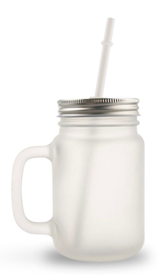 12 OZ FROSTED GLASS MASON JAR WITH HANDLE, LID AND STRAW