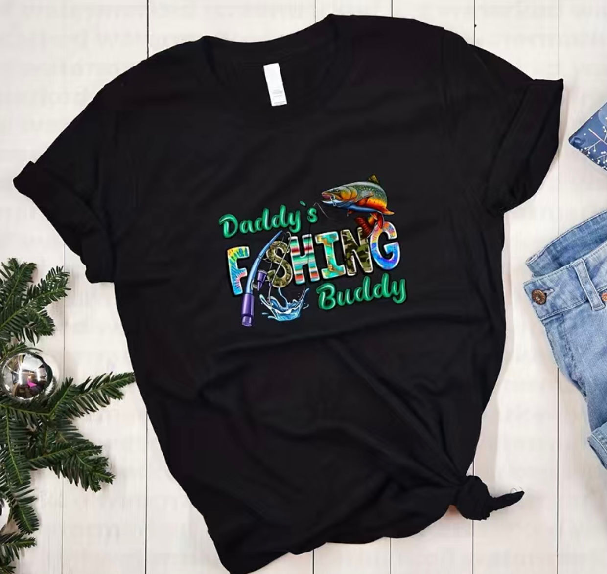 Daddy's Fishing Buddy (DTF)-Unisex Crew T-Shirt 100% Cotton Short Sleeve