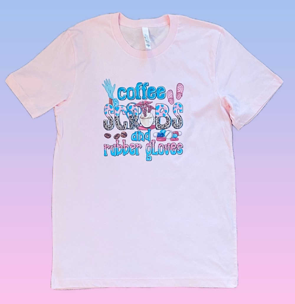 Coffee Scrubs & Rubber Gloves (DTF)-Unisex Crew T-Shirt 100% Cotton, Pink Medium