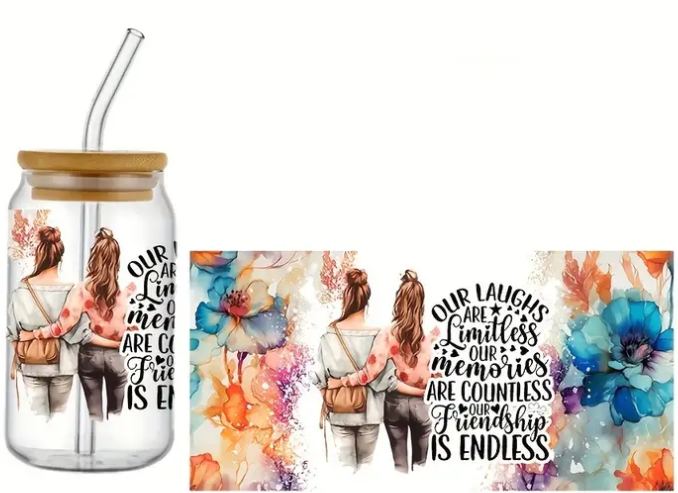 Our Laughs Are Limitless Our Memories (UV DTF)-Glass Cup With Bamboo Lid, 16oz