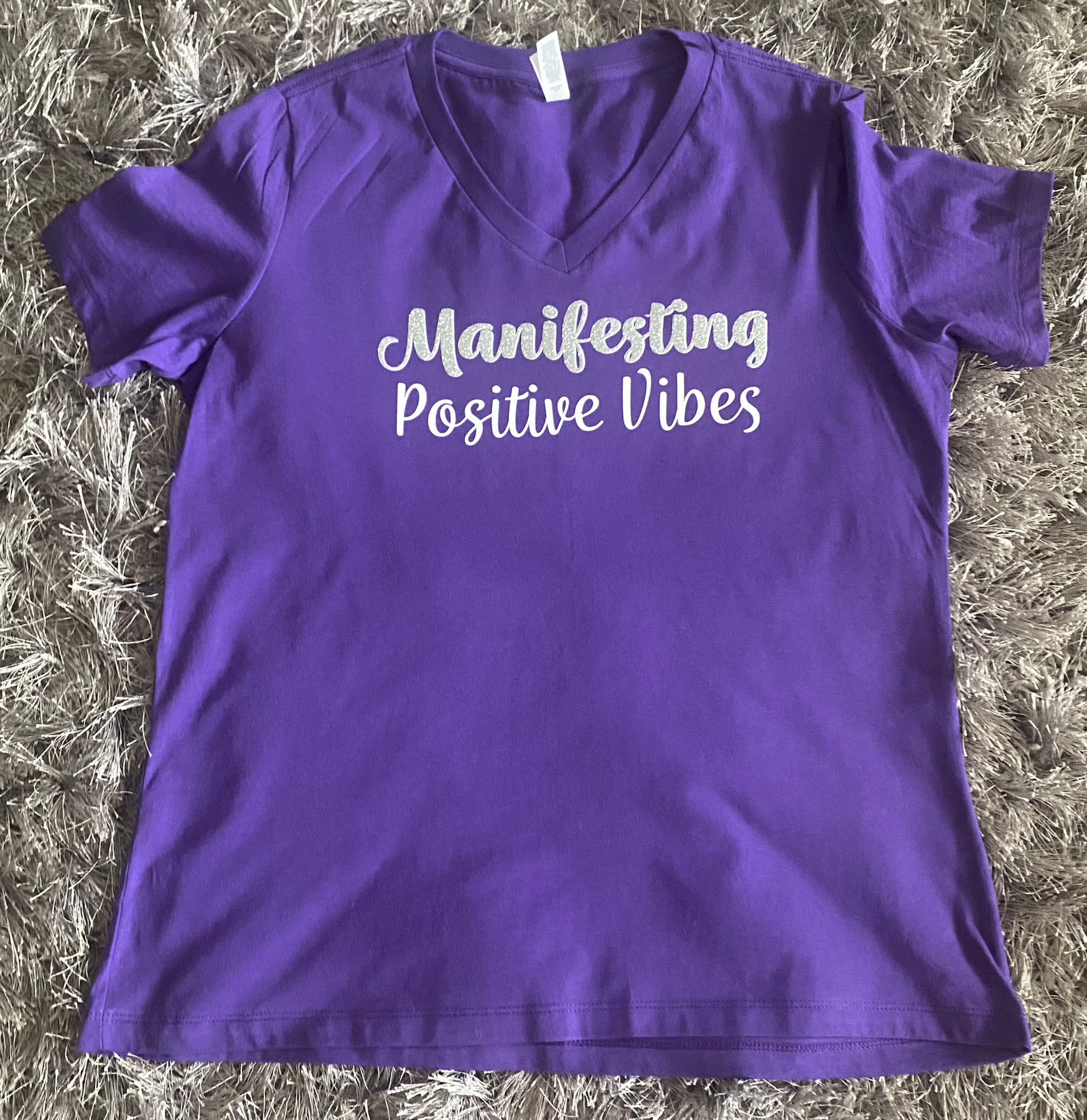 Manifesting Positive Vibes-Size Large Purple Women’s Relaxed Short Sleeve V-Neck