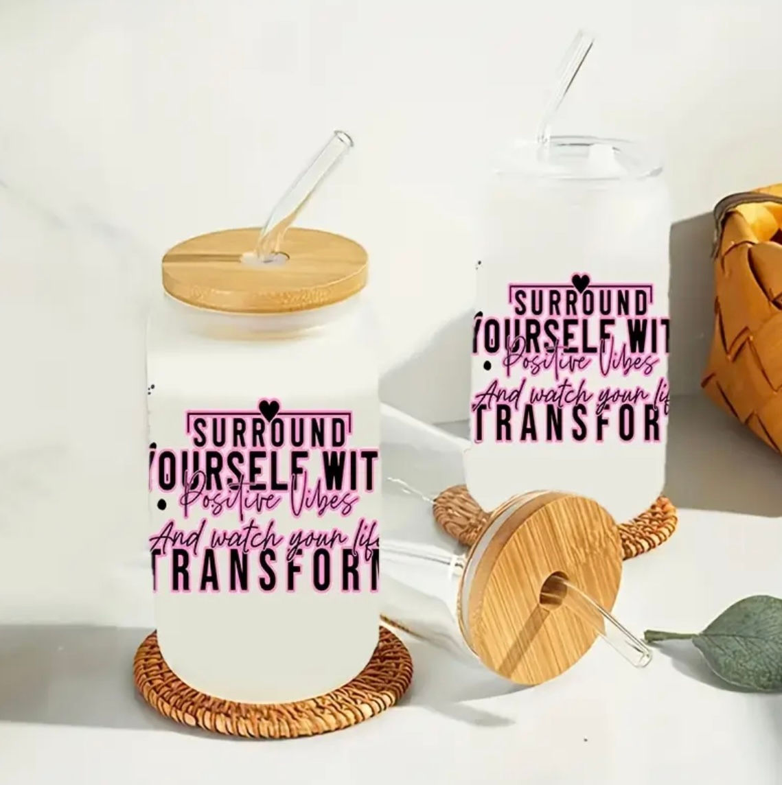 Surround Yourself with Positive 16oz Glass Cup w/ Bamboo Lid | UV DTF Printed