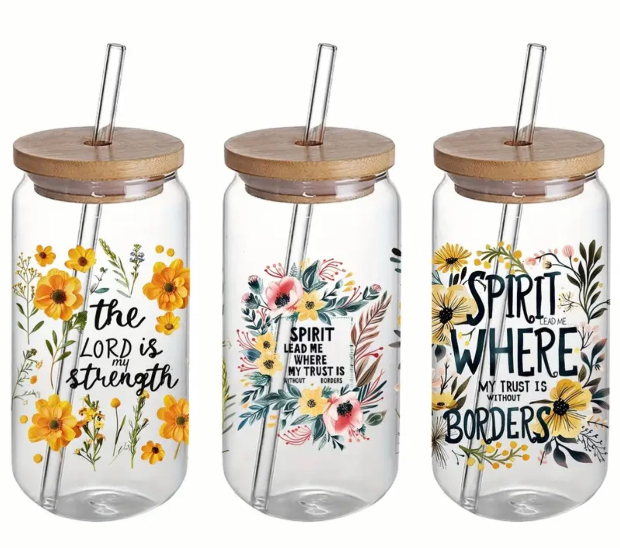 Spirit Lead Me Where My Trust Is (UV DTF)-Glass Cup With Bamboo Lid, 16 oz.