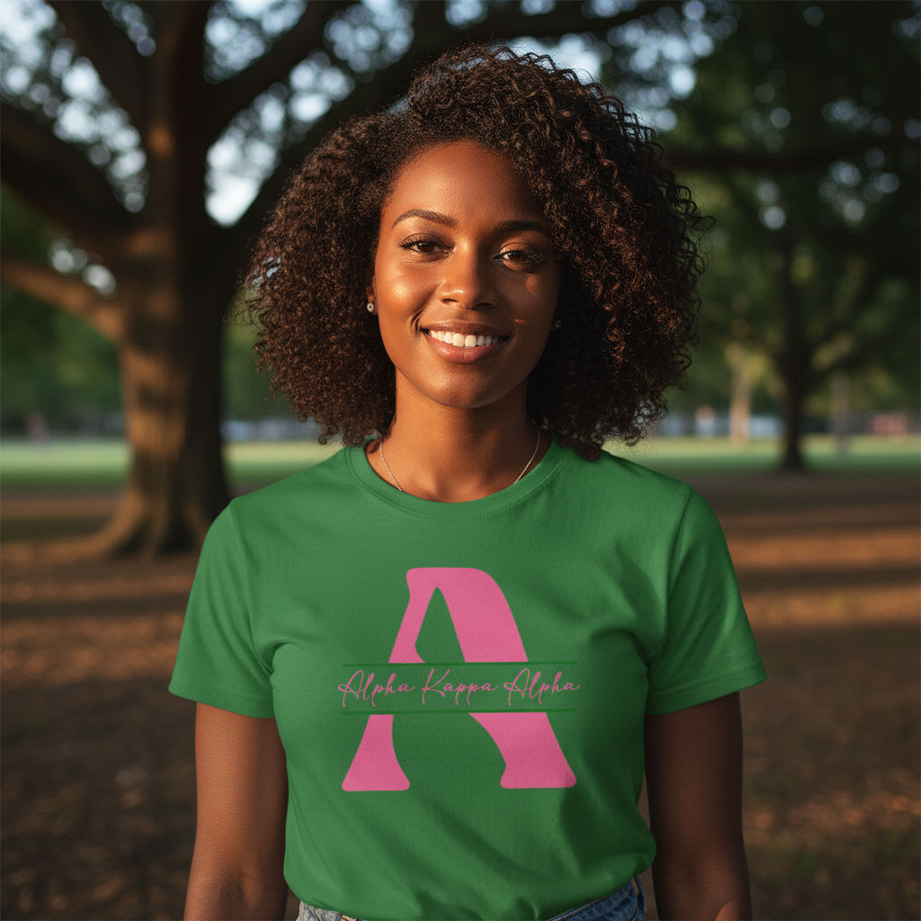 Alpha Kappa Alpha Script A DTF Shirt – AKA Pink & Green Sorority Tee
