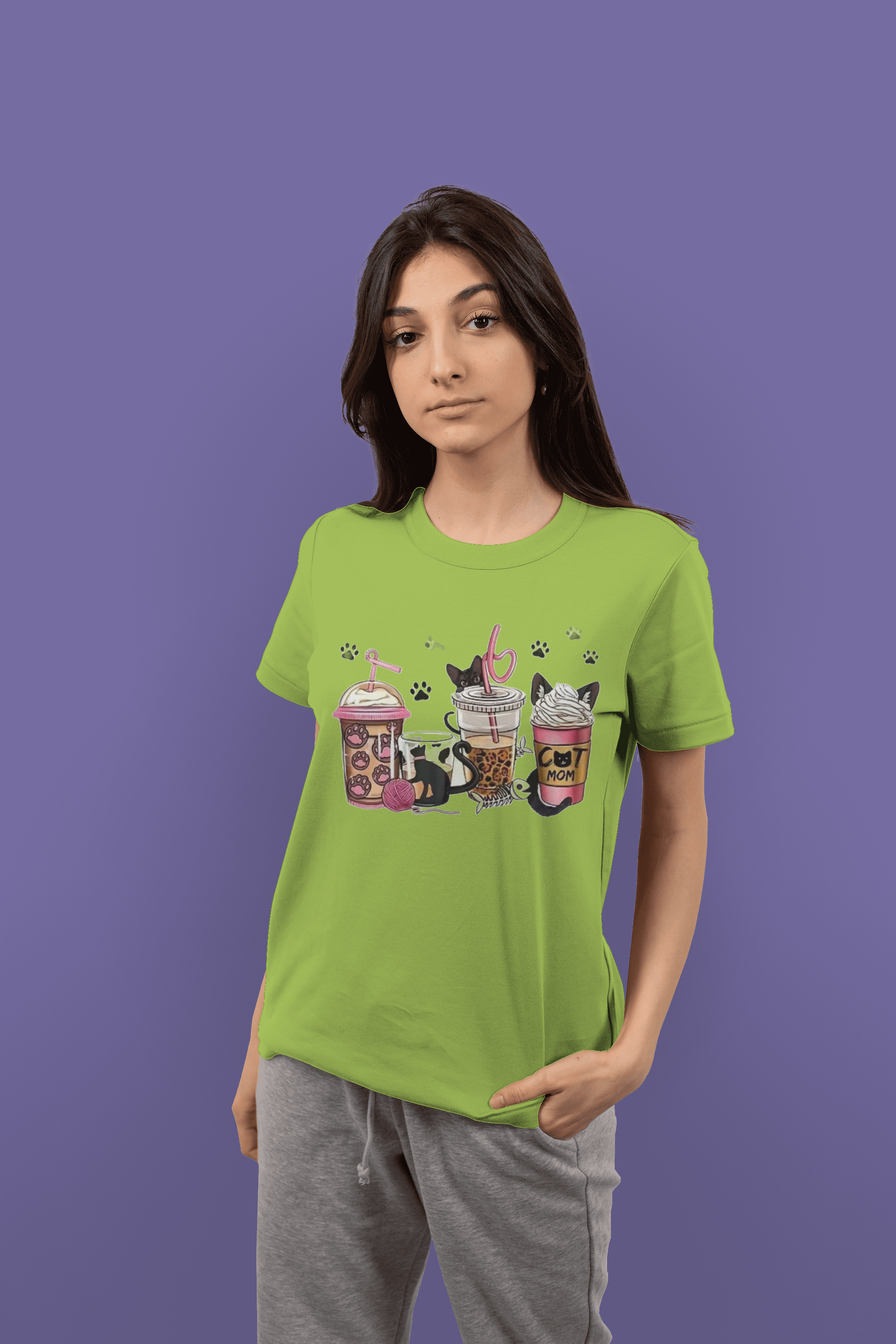 Cat Mom Coffee (DTF)-Unisex Crew T-Shirt 100% Cotton Short Sleeve