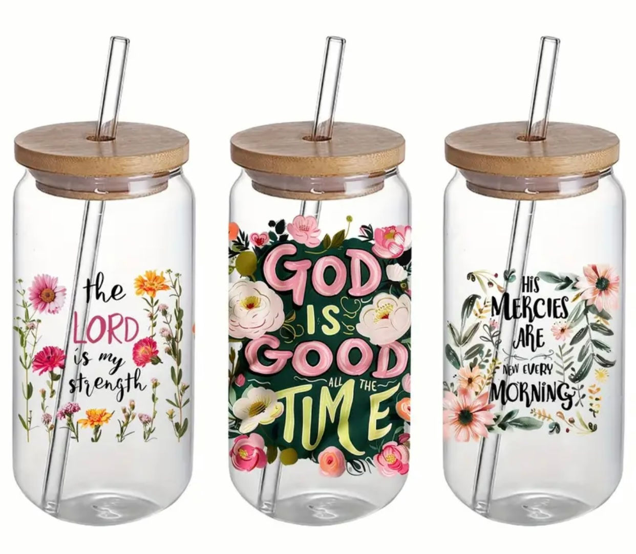 God Is Good All The Time (UV DTF)-Glass Cup With Bamboo Lid, 16 oz.
