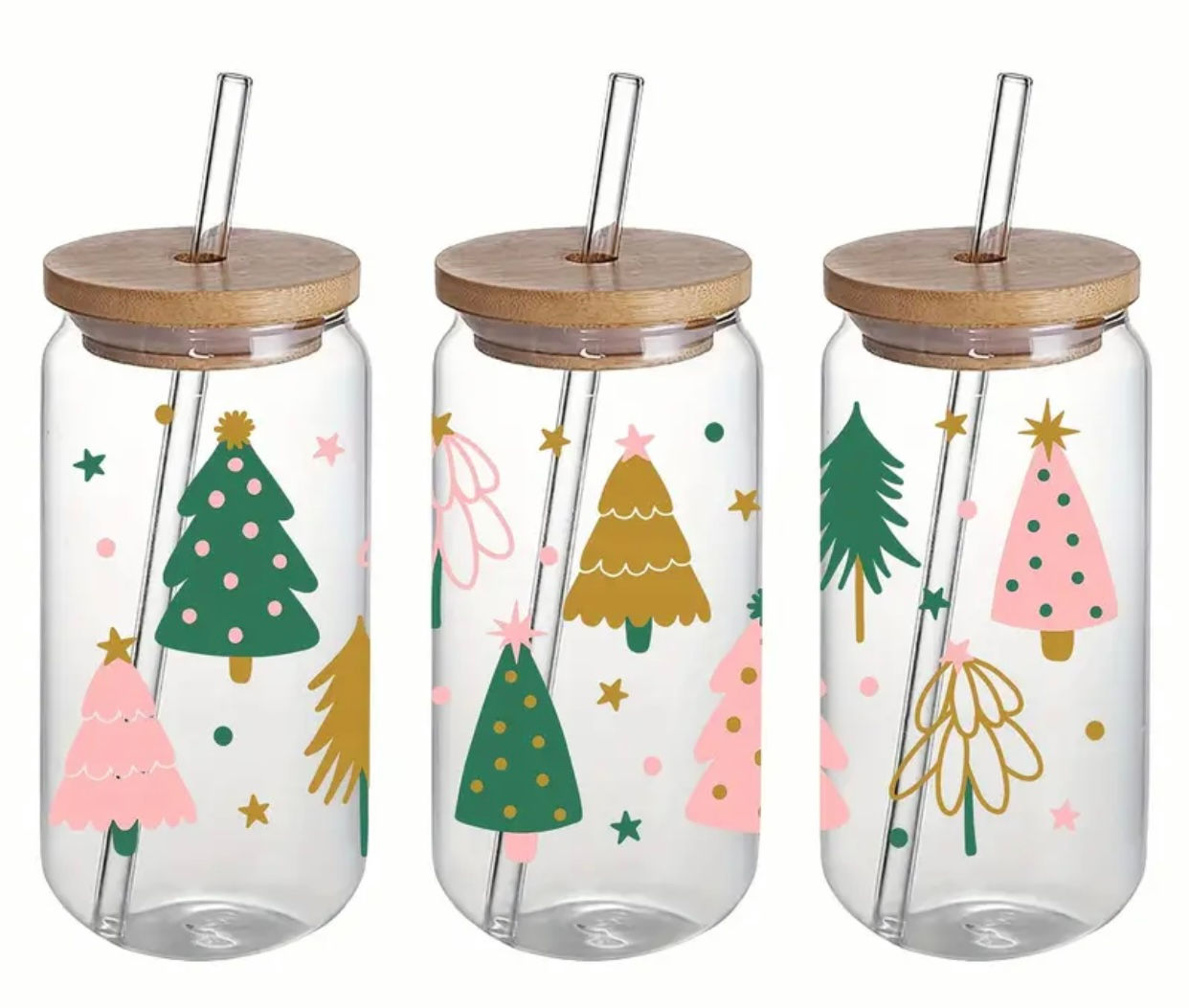 Pretty Christmas Trees (UV DTF)-Glass Cup With Bamboo Lid, 16oz
