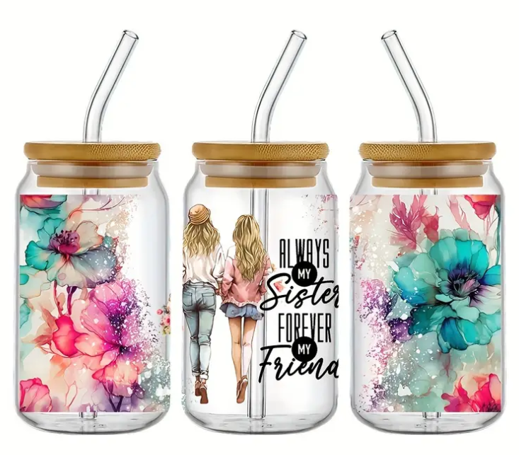 Always My Sister Forever My Friend (UV DTF)-Glass Cup With Bamboo Lid, 16oz