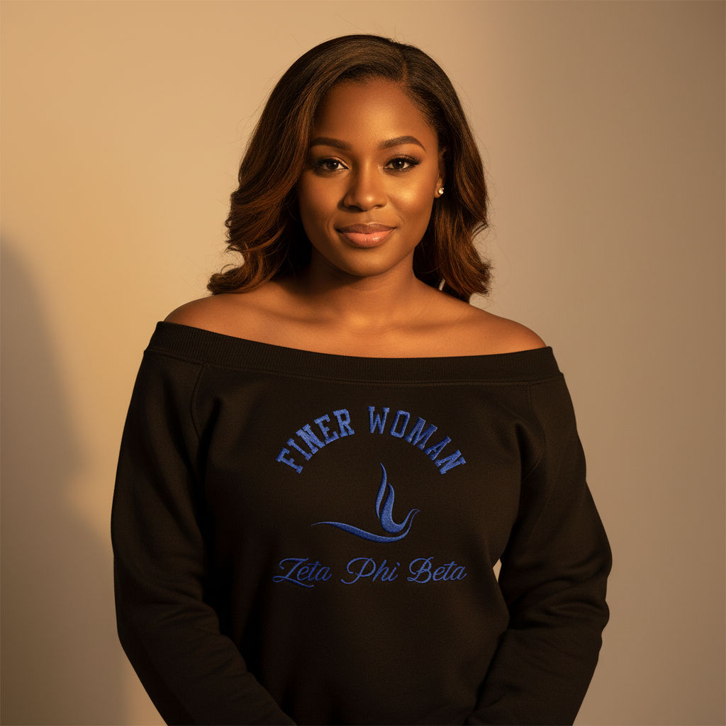 Finer Woman Off‑Shoulder Sweatshirt – Zeta Phi Beta ΖΦΒ Blue & White