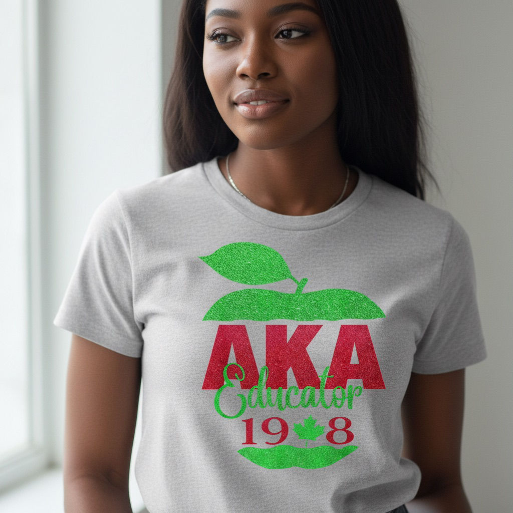 AKA Educator 1908 T‑Shirt – Pink & Green Apple Teacher Graphic Tee for Women