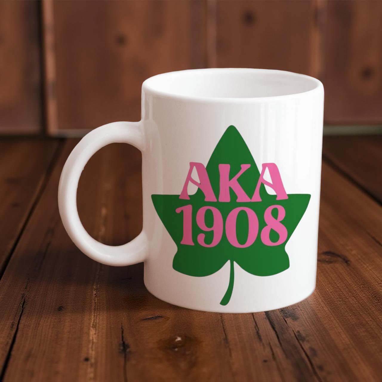AKA 1908 Mug – 12 oz Ceramic Cup with Pink Text & Green Ivy Leaf Sorority Design