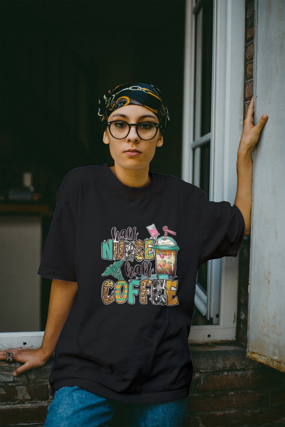 Thumbnail: Half Nurse Half Coffee (DTF)-Unisex Crew T-Shirt 100% Cotton Short Sleeve