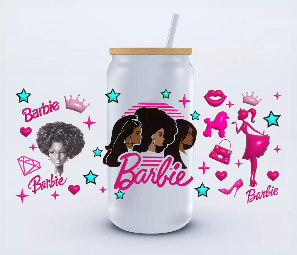 African American Barbie Wrap (UV DTF)-Glass Cup With Bamboo Lid, 16oz