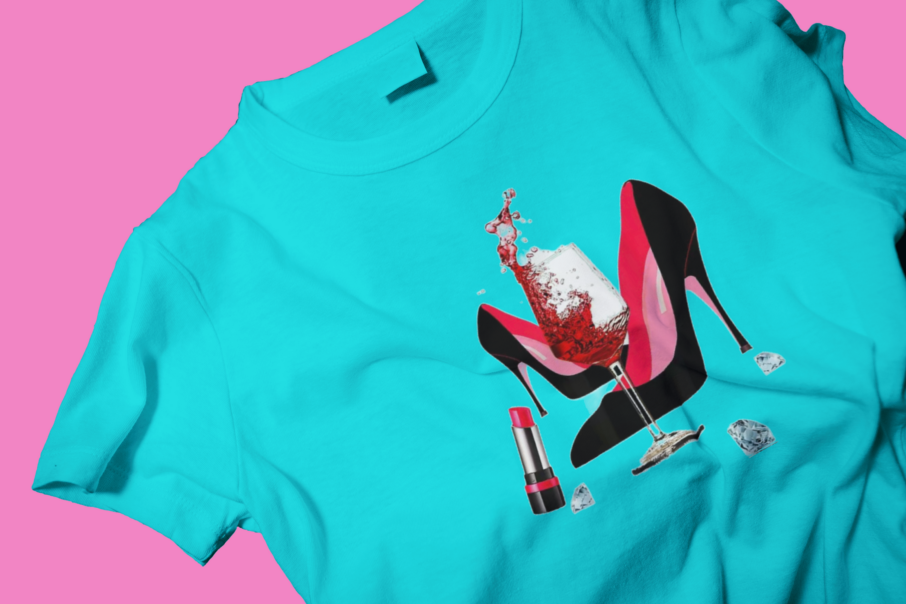 Lipstick, Champagne and Pumps (DTF)-Unisex Crew T-Shirt 100% Cotton Short Sleeve