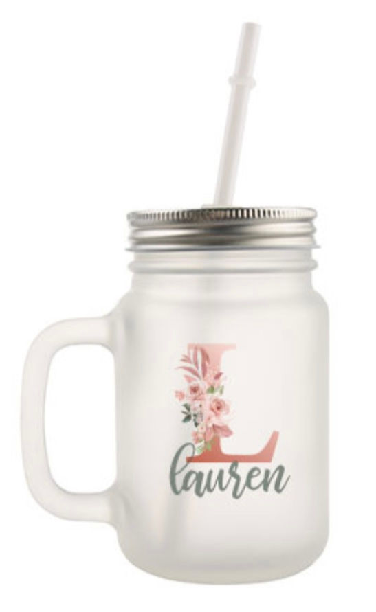 Thumbnail: 12 OZ FROSTED GLASS MASON JAR WITH HANDLE, LID AND STRAW