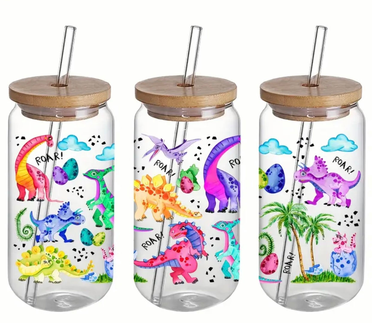 Bright Dinosaurs (UV DTF)-Glass Cup With Bamboo Lid, 16 oz.