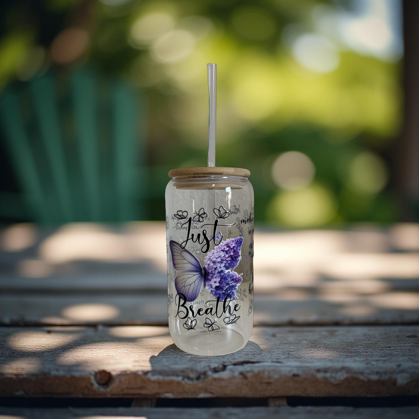 Just Breathe – 16oz Purple UV DTF Glass Cup with Bamboo Lid | Inspirational
