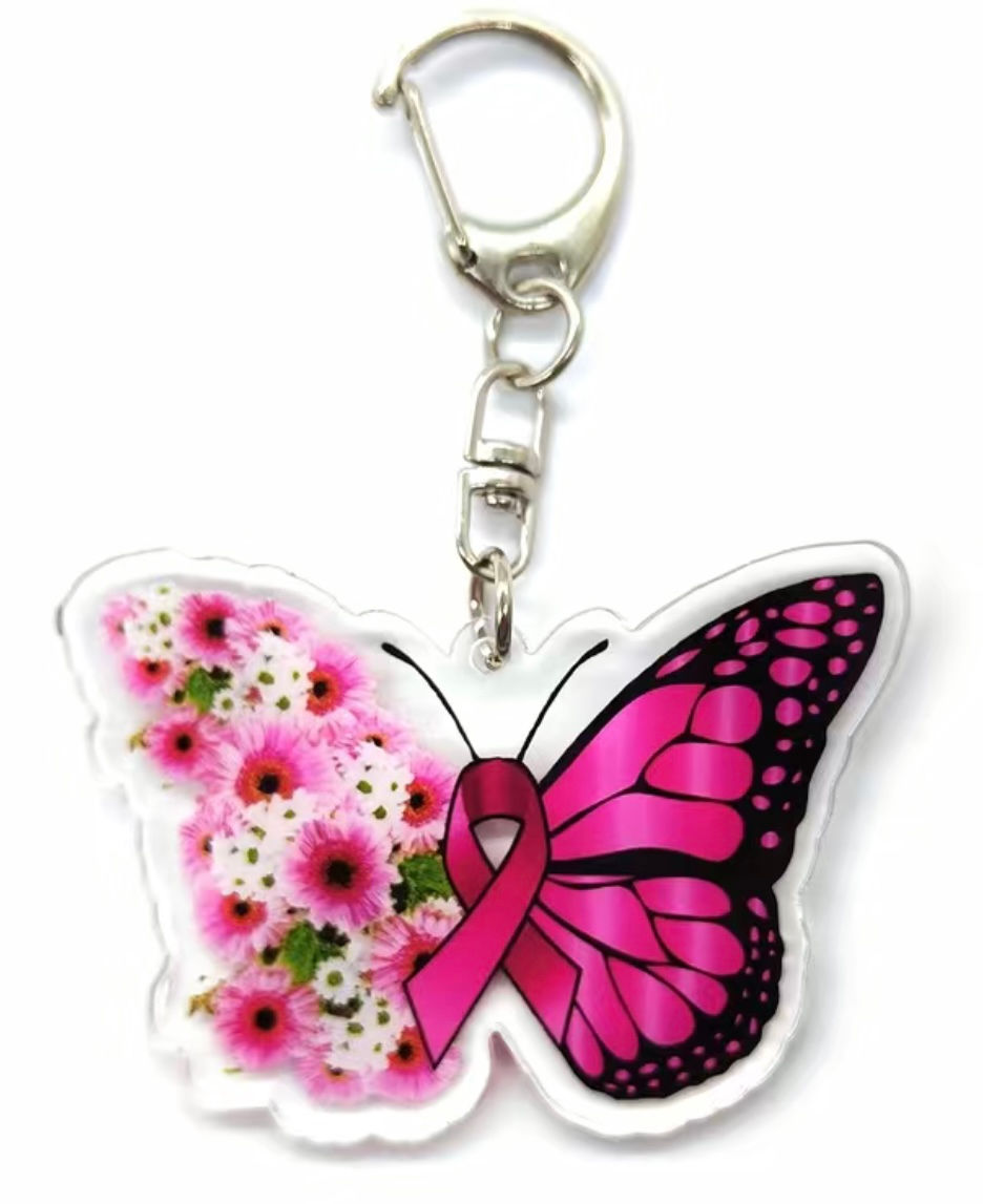 Breast Cancer Awareness Ribbon Acrylic Butterfly Keychain