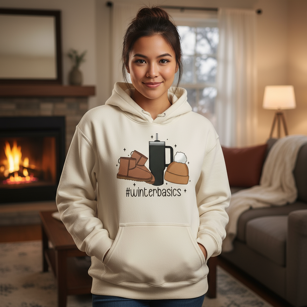 Thumbnail: Gildan Unisex Hoodie – #WINTERBASICS DTF Print with Ugg Boots, Scully  & Tumbler