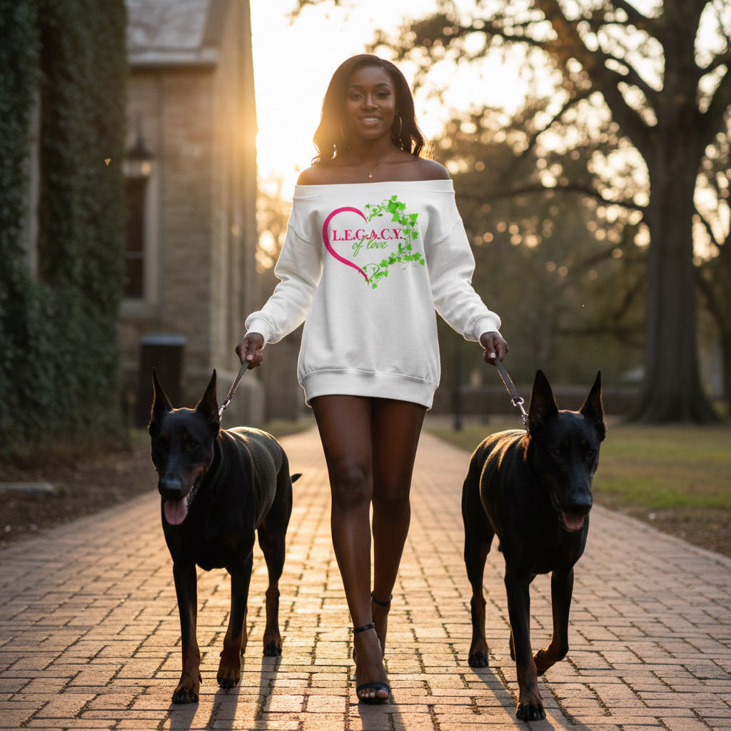 Legacy of Love Off‑Shoulder Sweatshirt – Slouchy Pink & Green Sorority Style