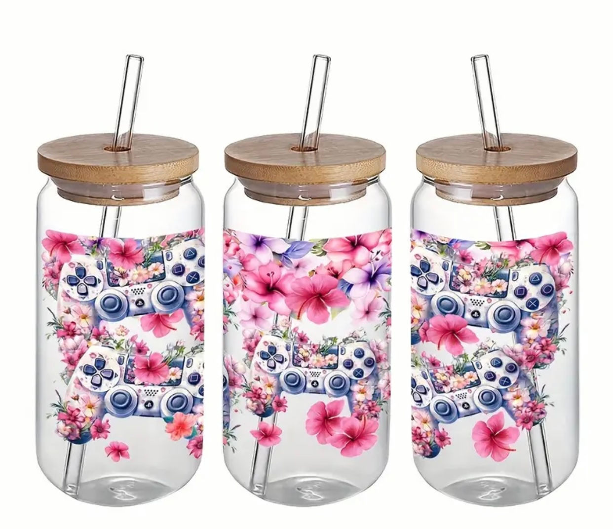 Gamer Girl And Flowers (UV DTF)-Glass Cup With Bamboo Lid, 16 oz