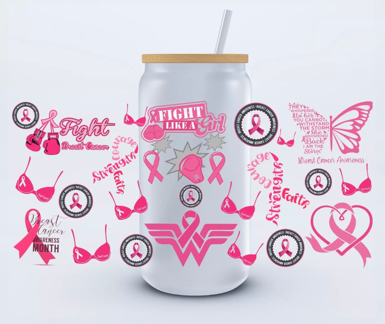 Breast Cancer Awareness Wrap (UV DTF)-Glass Cup With Bamboo Lid, 16oz
