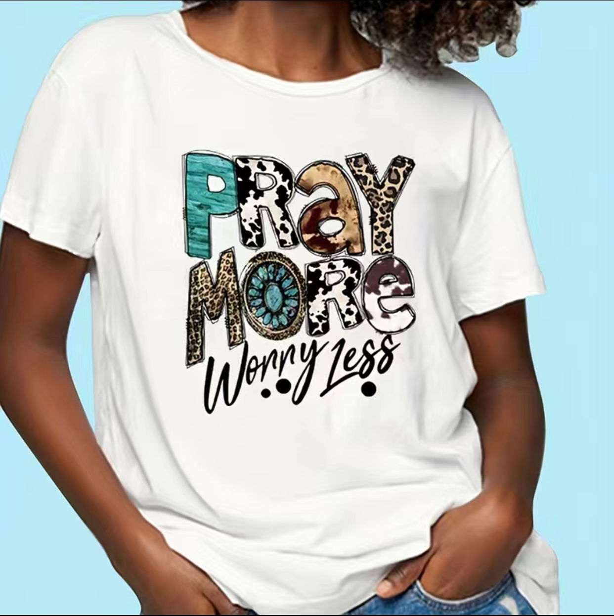 Pray More Worry Less (DTF)-Unisex Crew T-Shirt 100% Cotton