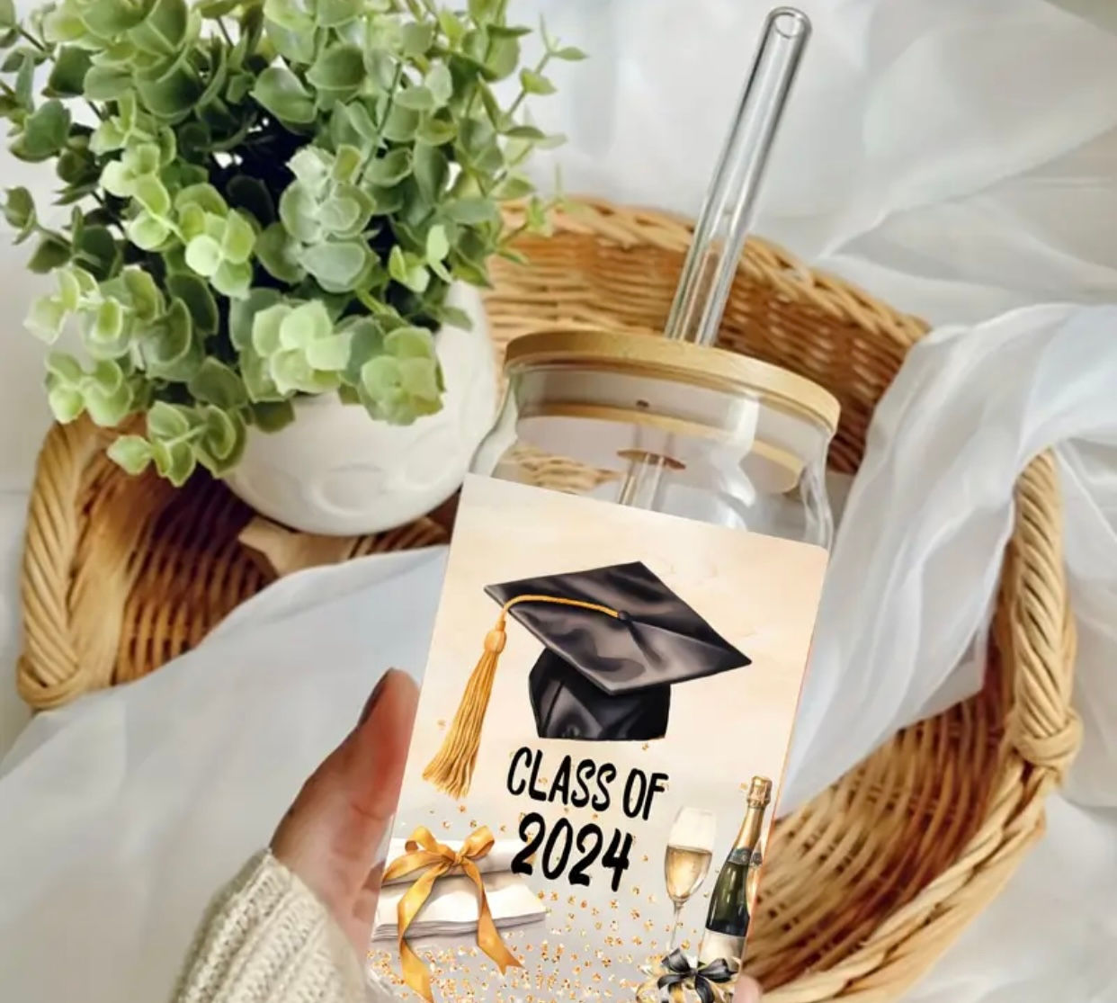 Class Of 2024 Wrap (UV DTF)-Glass Cup With Bamboo Lid, 16oz