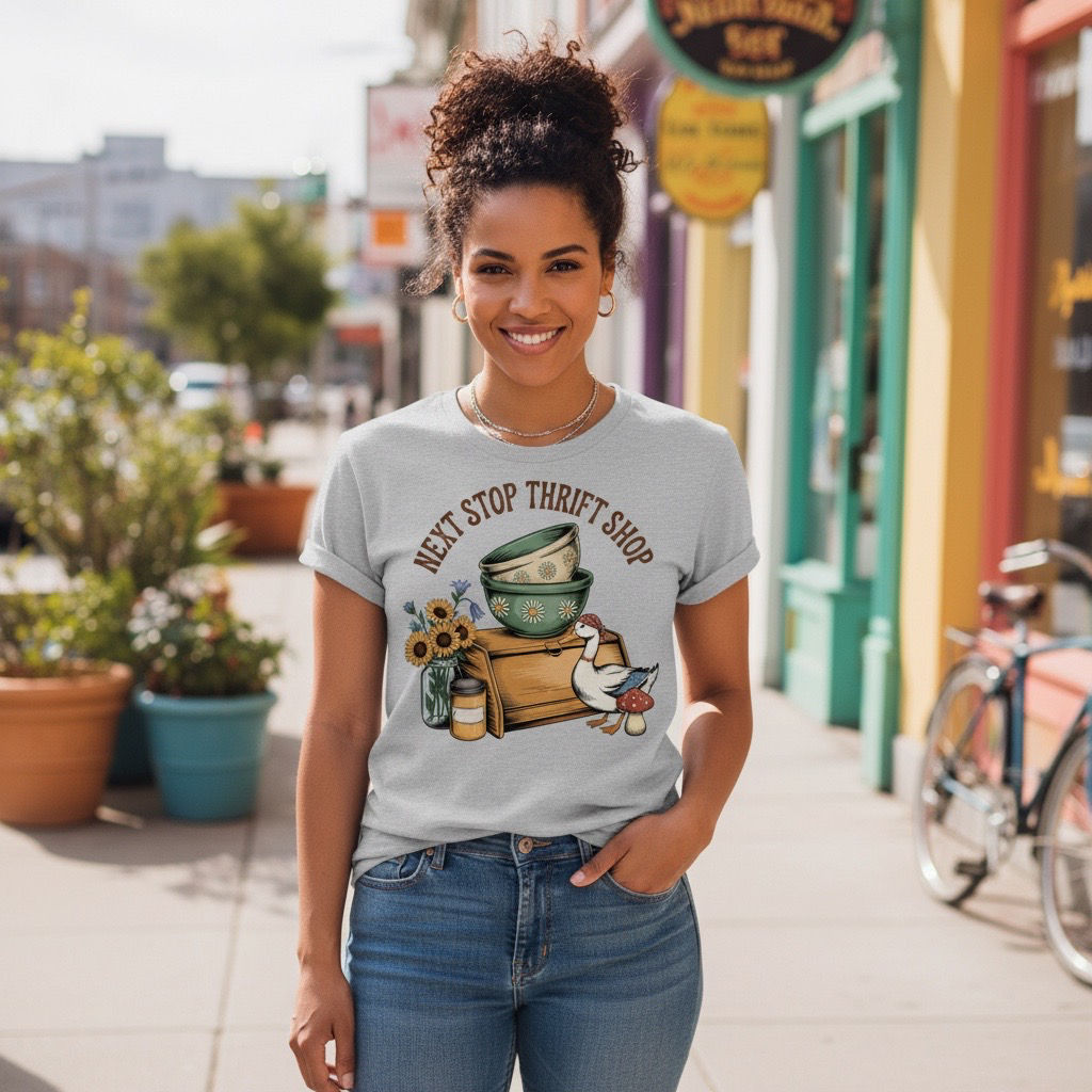 Next Stop Thrift Shop Tee – Cute Cottagecore Duck & Sunflower Vintage Thrifter
