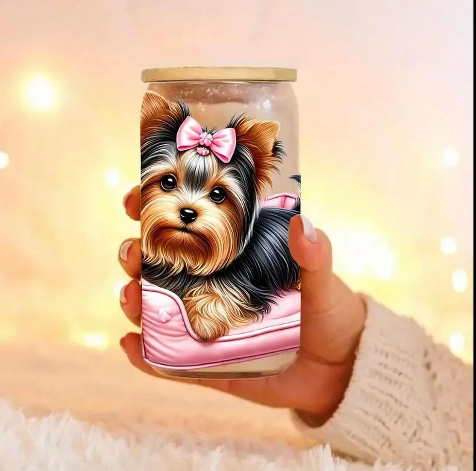 Thumbnail: Yorkie Glam 16oz Glass Cup with Bamboo Lid | UV DTF Printed Pink Bow Dog