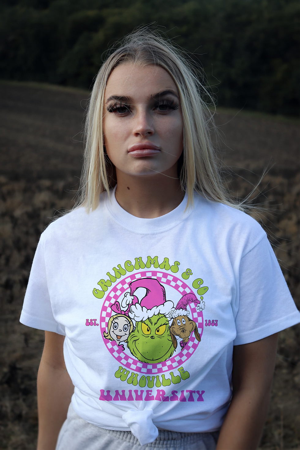 Thumbnail: Grinchmas & Co Whoville Univ (DTF)-Unisex Crew T-Shirt 100% Cotton Short Sleeve