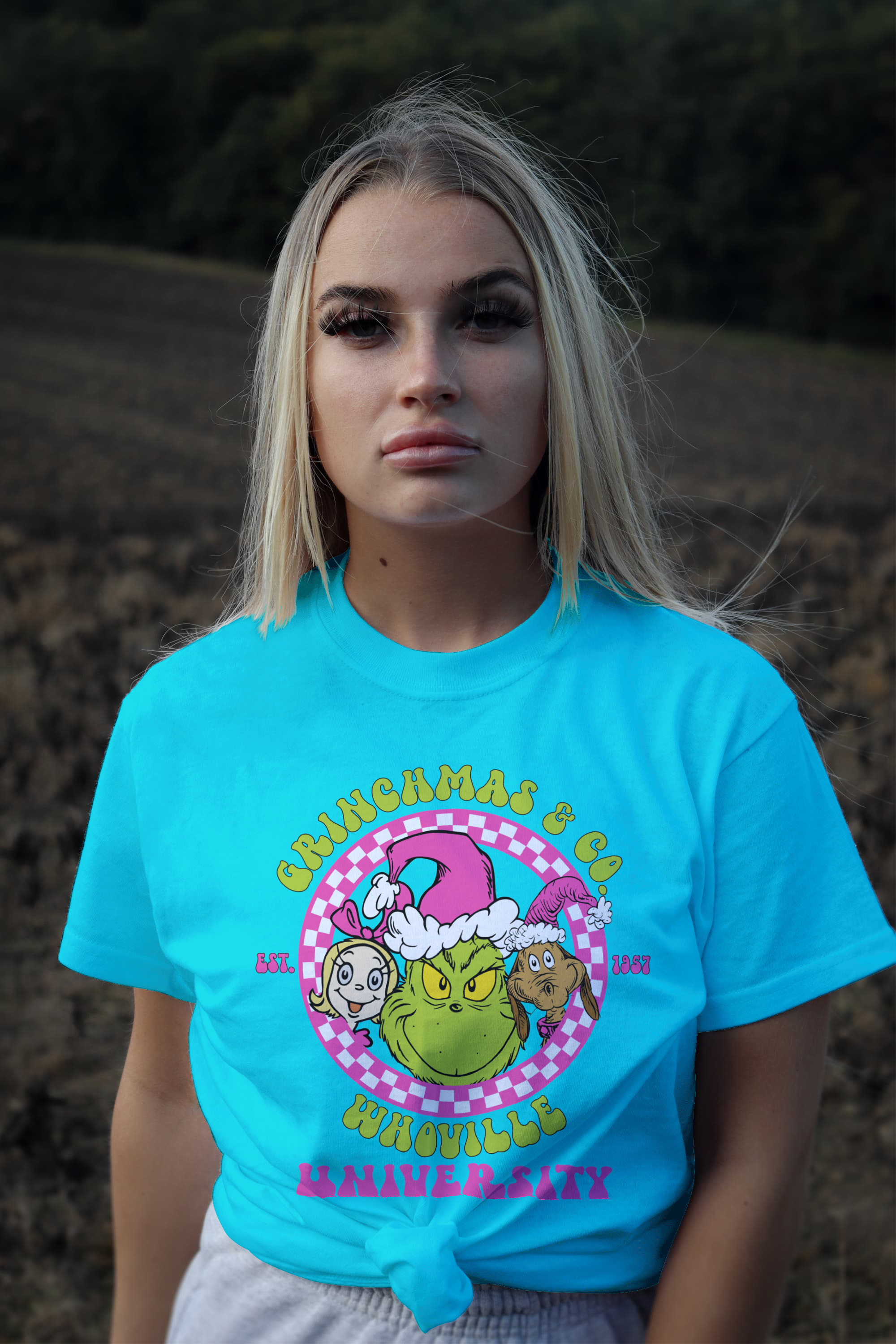 Grinchmas & Co Whoville Univ (DTF)-Unisex Crew T-Shirt 100% Cotton Short Sleeve
