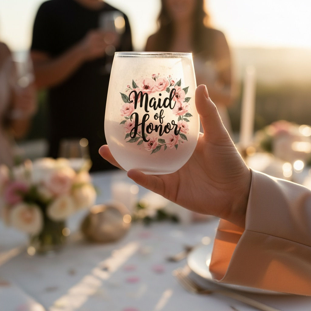 Maid of Honor 15.5oz Stemless Wine Glass | UV DTF Bridal Party Gift