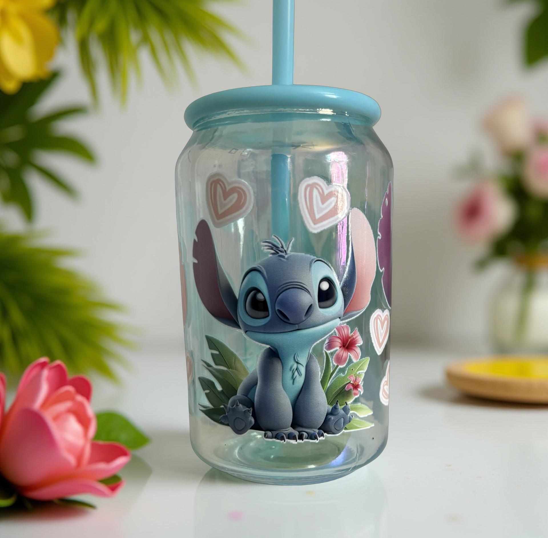 Cartoon Stitch Hearts Iridescent Glass Cup with Lid and Straw, 15 oz.