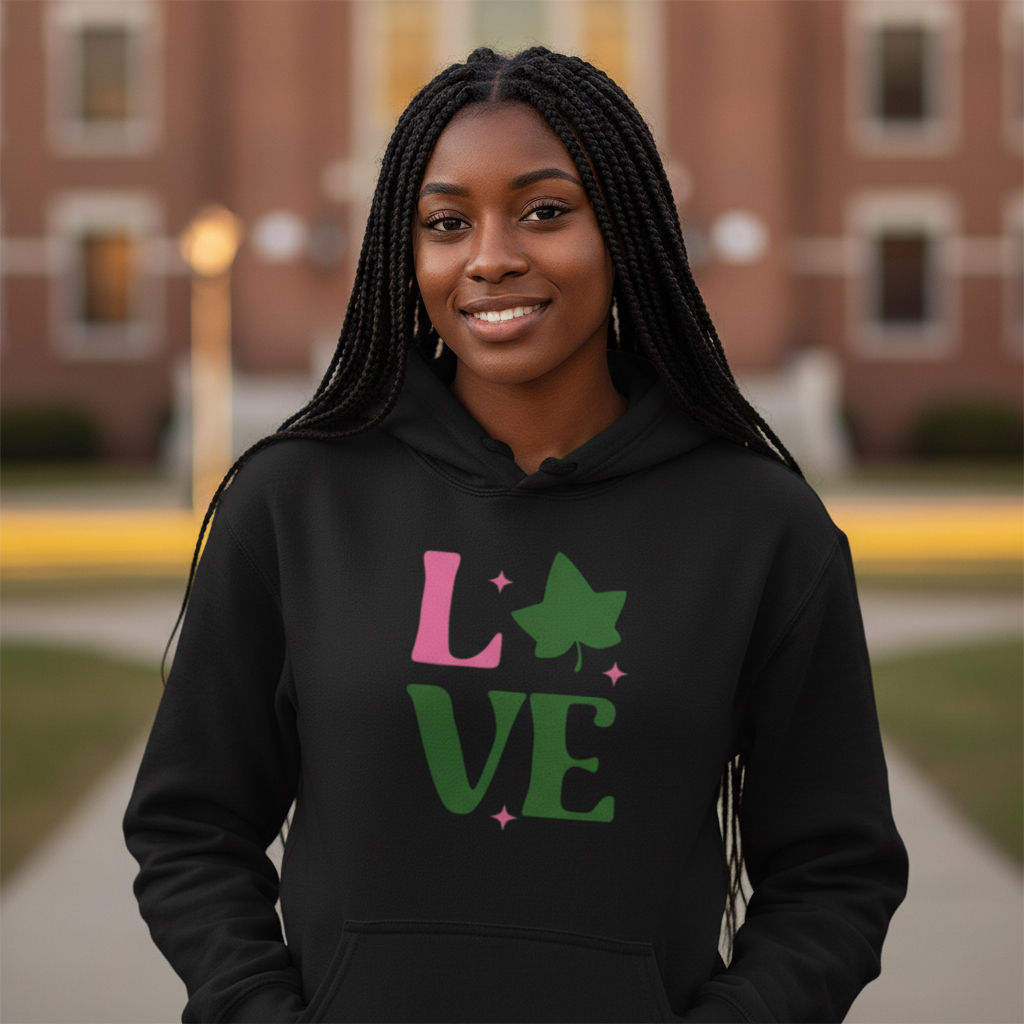 AKA Love Hoodie for Women – Alpha Kappa Alpha Inspired Pink “LOVE Ivy Leaf”