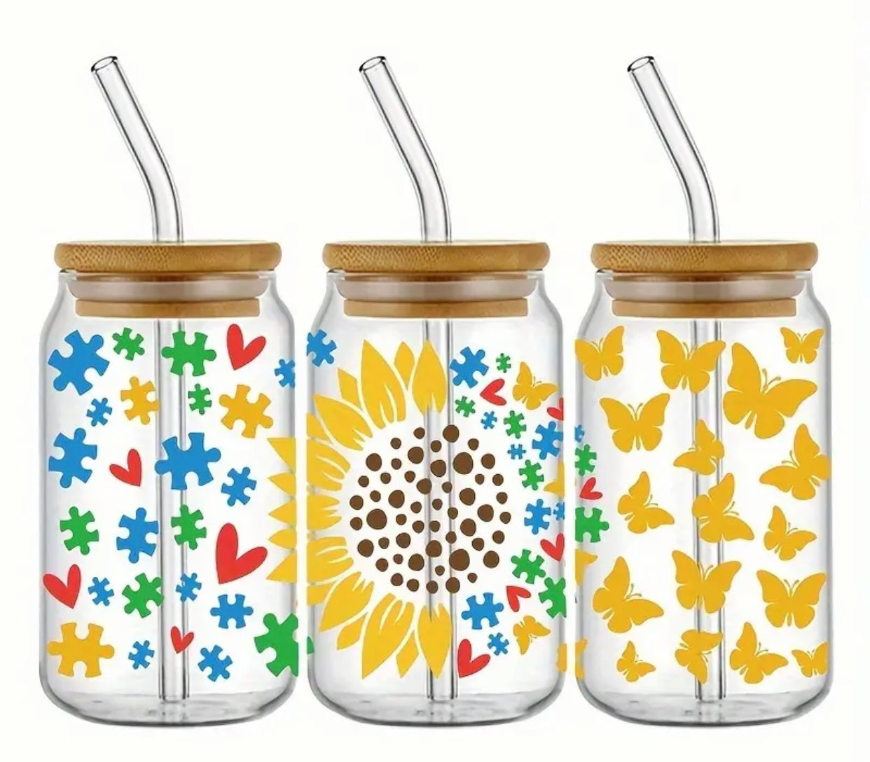 Autism Hearts, Butterflies & Sun Wrap (UV DTF)-Glass Cup With Bamboo Lid, 16oz