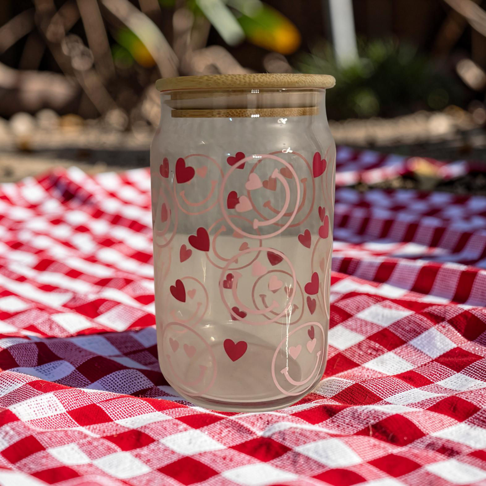 Heart & Smiling Face 16oz Cup with Bamboo Lid | UV DTF Printed