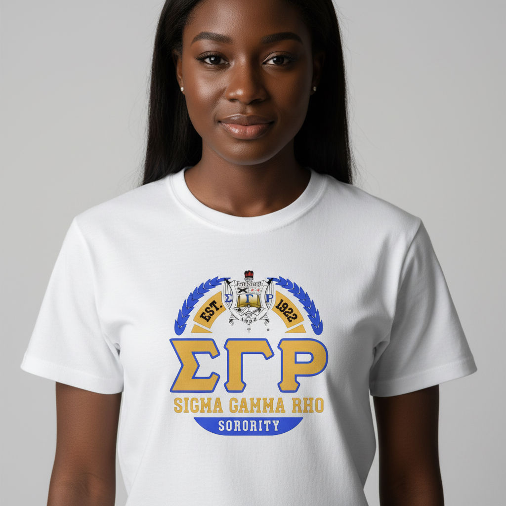 Sigma Gamma Rho 1922 Crest T‑Shirt | SGRho Sorority Apparel | Blue & Gold Greek