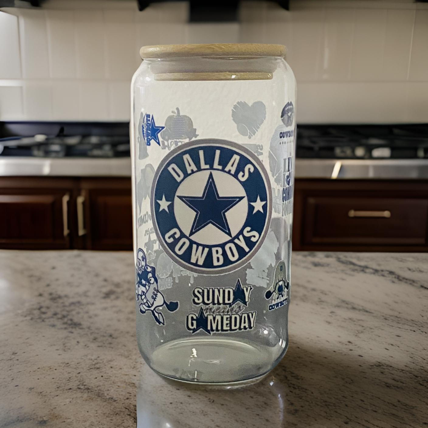 NFL Dallas Cowboys (UV DTF)-Glass Cup With Bamboo Lid, 16 oz