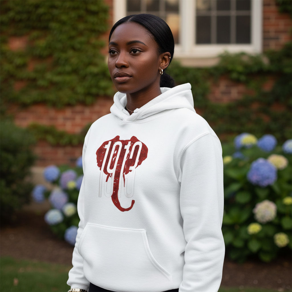 1913 Elephant Hoodie | Red & White Sorority‑Inspired Sweatshirt | Heritage