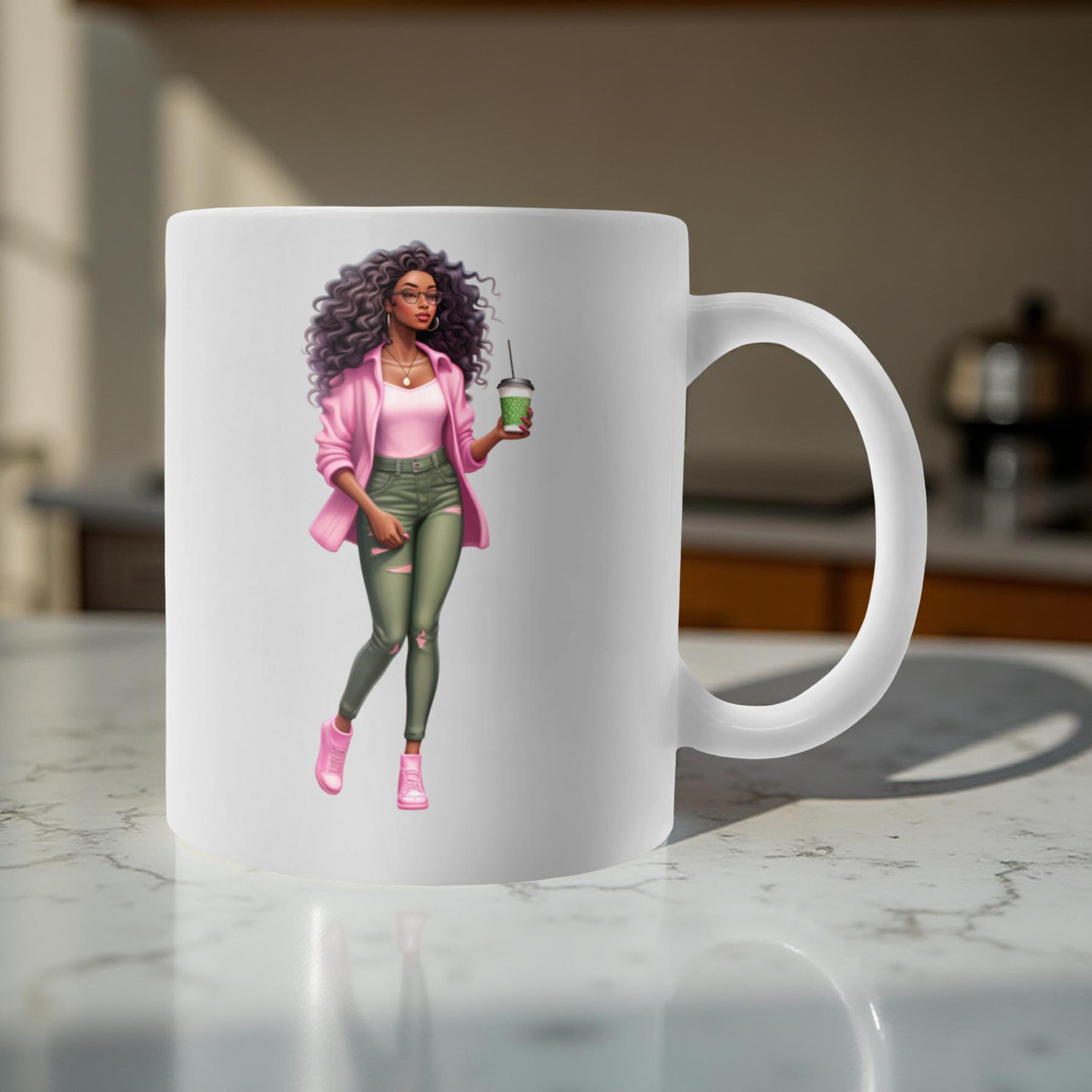 AKA Mug – 12 oz Ceramic w/ Curly-Haired Soror Illustration in Pink Cardigan